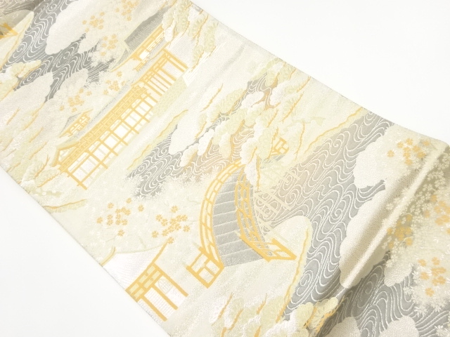 リサイクル　プラチナ箔二重箔平等院風景模様織出し袋帯